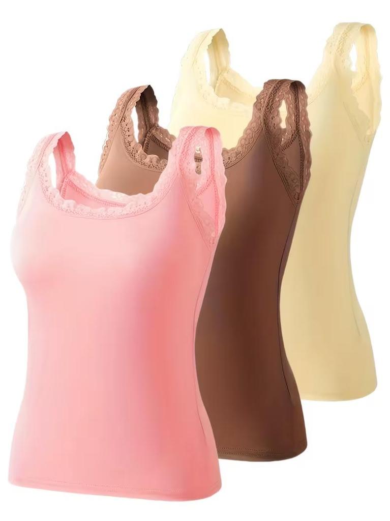 Elegant Lace Trim Women Camisole Solid Color Vest, Lace Patchwork, Round Neck Camisole Women's Top