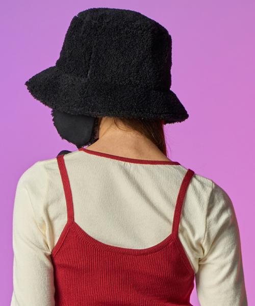 KOLEAT [Lined Fleece] Cozy Vegan Sheepskin Earmuff Bucket Hat [Black]