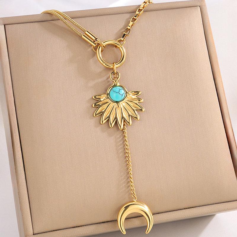 Titanium steel necklace European and American moon pendant double-layer necklace female retro wind electroplating necklace collarbone chain