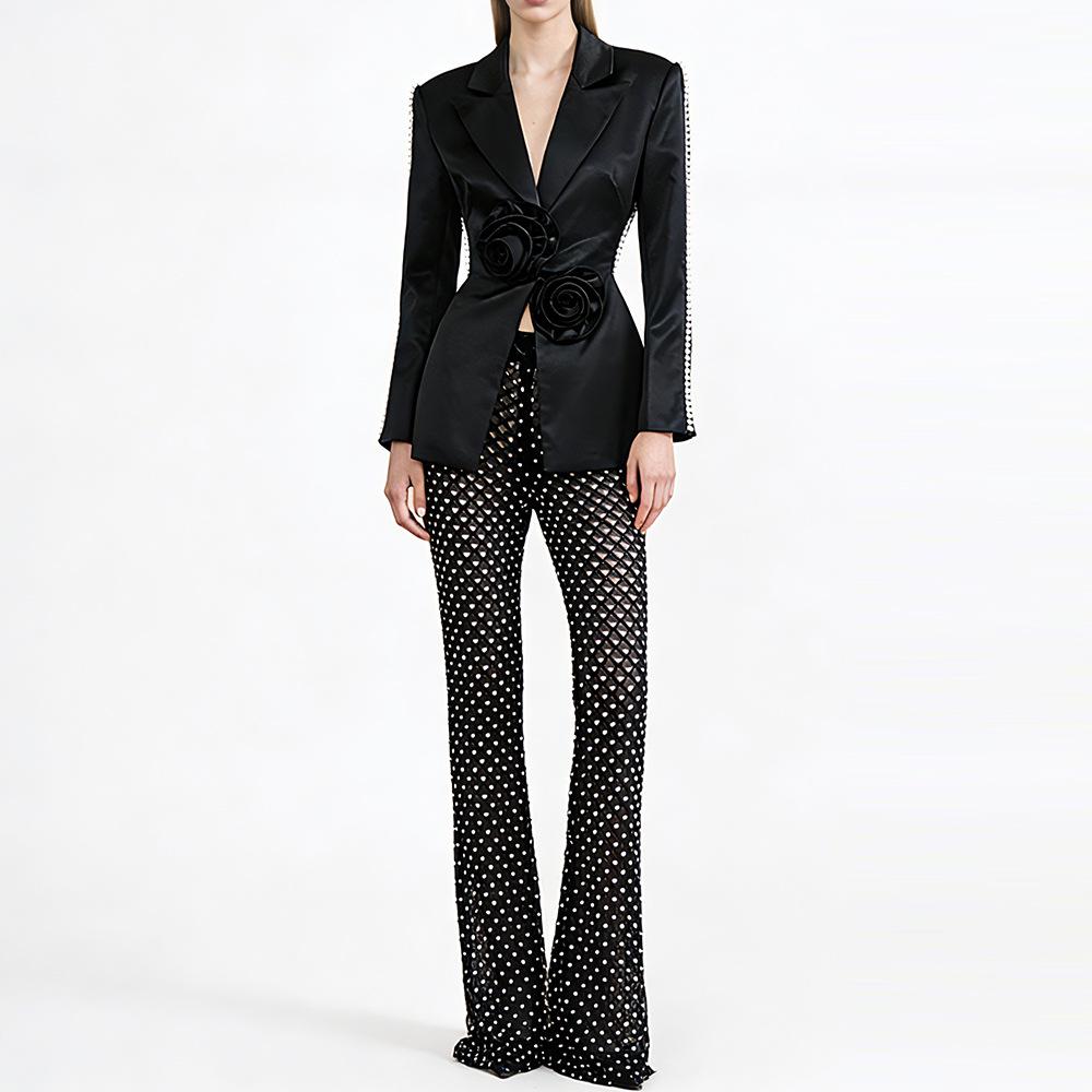 Spring 2026 Beaded Floral Mesh Suit with Pearl Sequin Long Pants