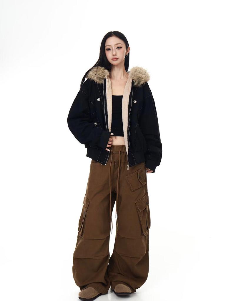 Unisex Retro Patchwork Pelzkragen Kapuzen Baumwolljacke – Winterdesign, Kurzmantel mit Fleecefutter.