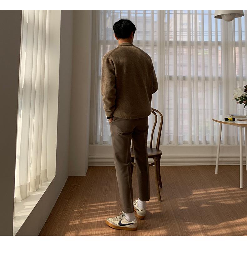 Men's Casual Loose Fit Polo Collar Knit Sweater - Autumn Solid Color Korean Hong Kong Style