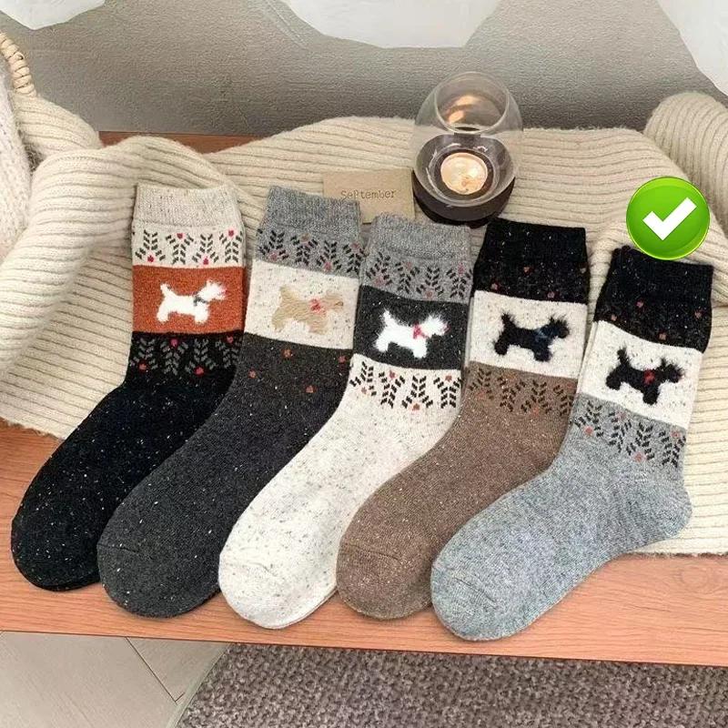 1/5pairs Plush Warm Puppy Socks Women Winter Color Block Mid Calf Soft Fluffy Fabric American Retro Cartoon Design Cozy Cotton