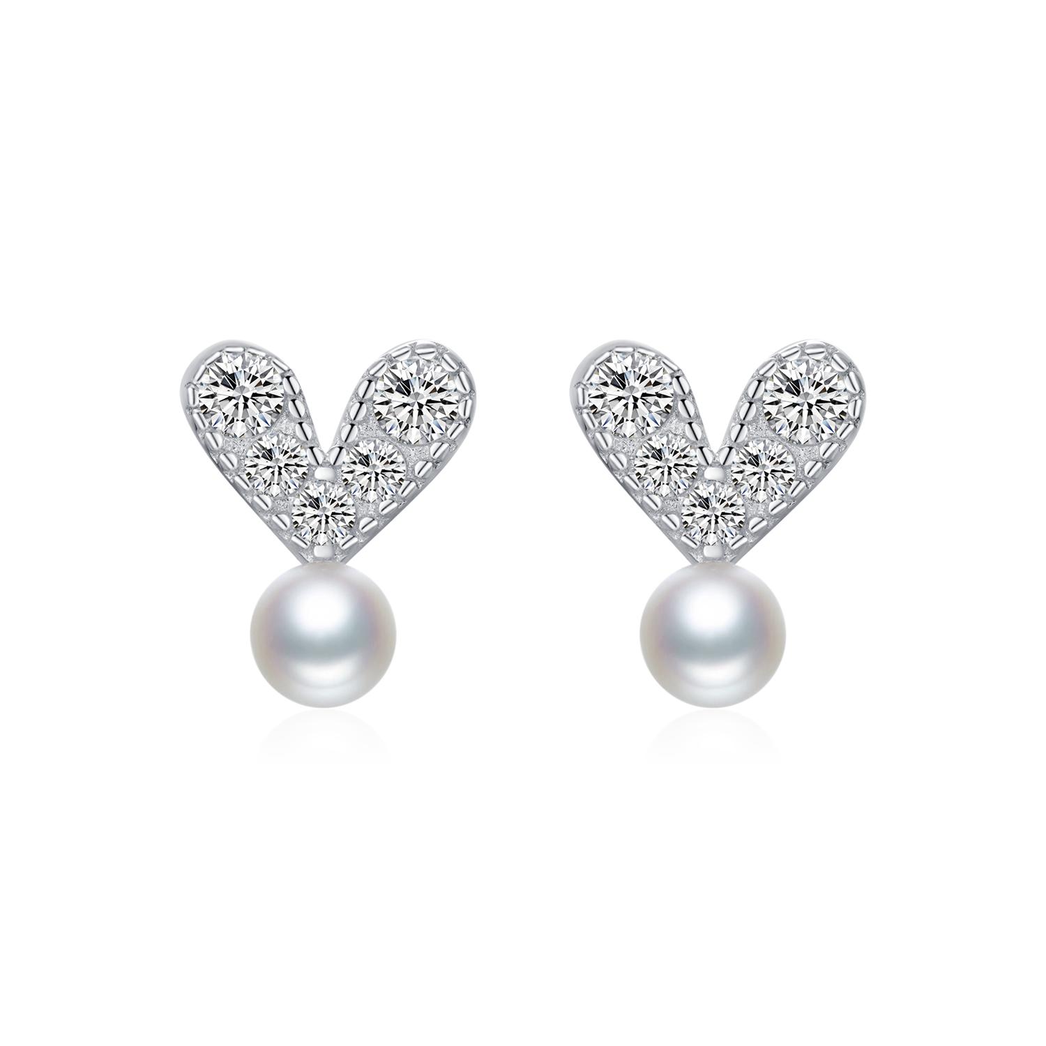 925 Sterling Silver Elegant Synthetic Pearl Earrings Dazzling Heart Clear CZ Stud Earrings For Women Fine Jewelry