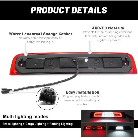 RAM 1500 LED 3Rd Brake Light For 2024 2025 RAM 1500 Rebel HFE Laramie Red Lens Third High Mount Stop Brake Lamps White LED Rear Center Roof
