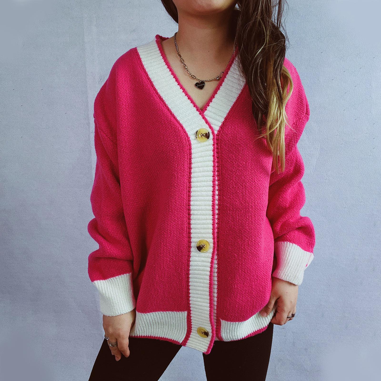

Кардиган-свитер в стиле «колор-блок», свободный вязаный свитер в уличном стиле XL горячий розовый