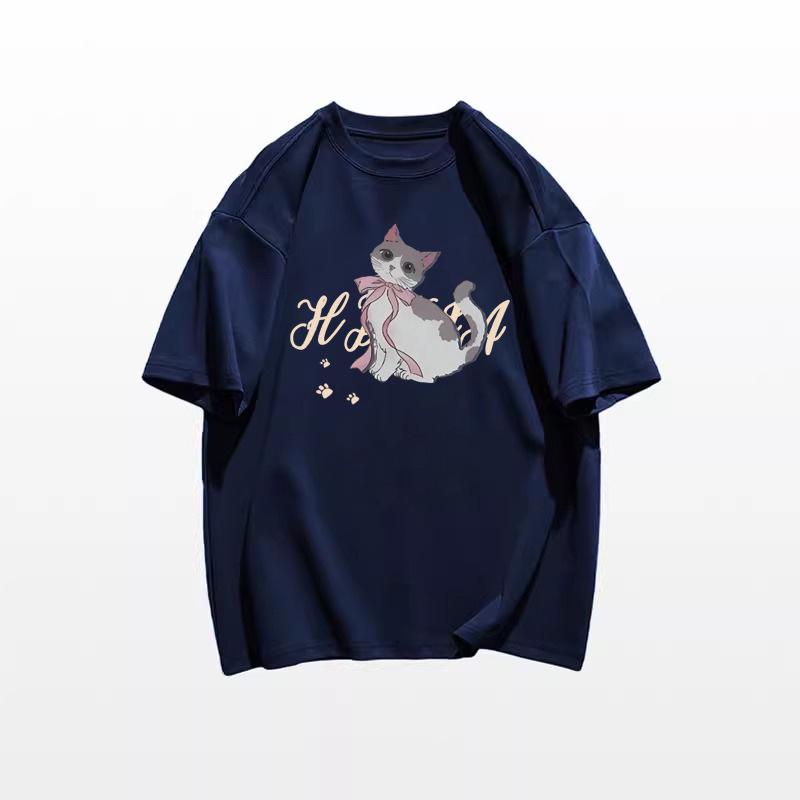 2025 Retro Cartoon Cat Cotton T-Shirt for Women - Summer Loose Fit