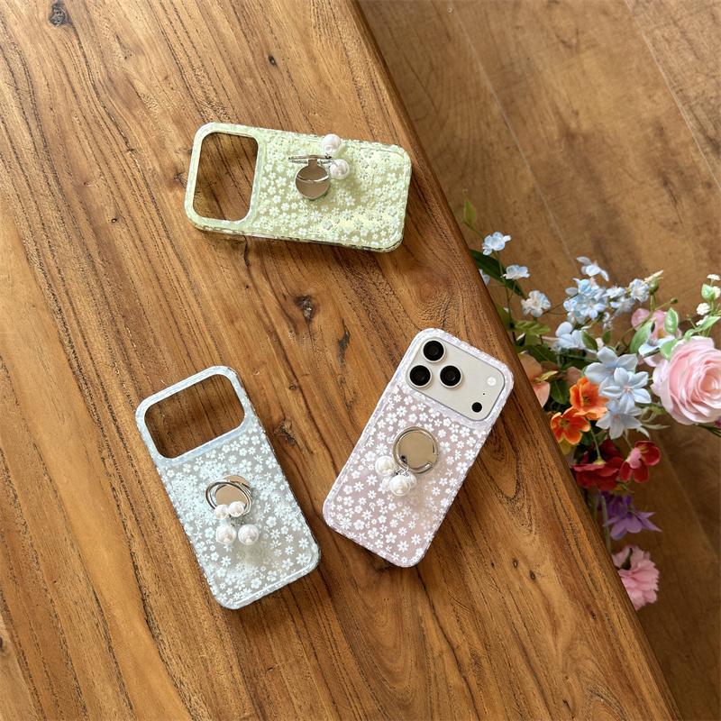 Elegant Floral Print Glitter Case With Pearl Ring Holder For iPhone 14 15 16 17 Pro Max INS Kawaii Style Large Window Shockproof