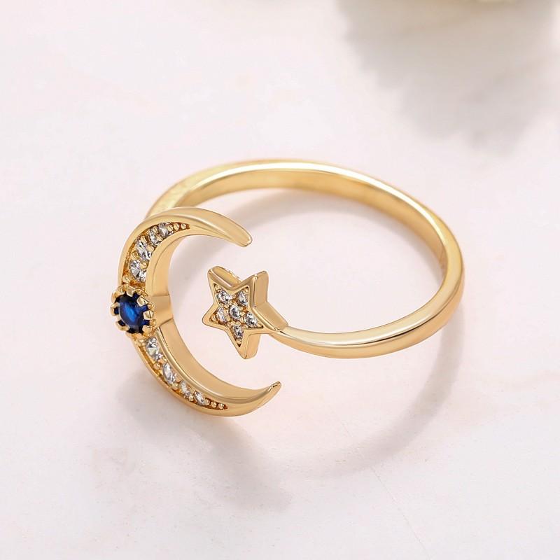 Huitan Newly Star and Moon Design Opening Rings for Women White/Blue Cubic Zirconia Exquisite Girls Accessories Trendy Jewelry