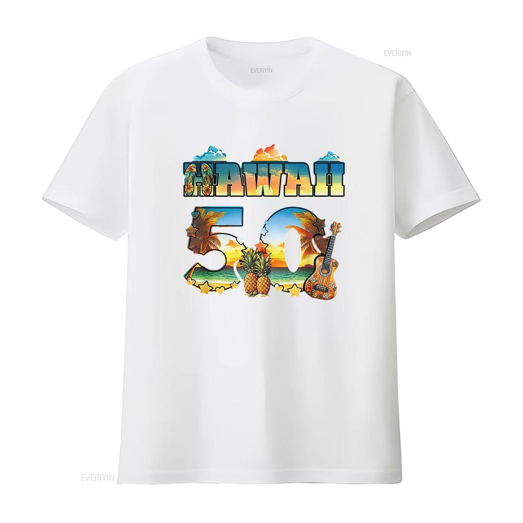 Hawaii 50. Bundesstaat Hawaiianischer Strand Hibiskus 50 Maui Damen Sommer T-Shirt Lässig und Bequem vintage gewaschen Atmungsaktiv