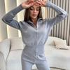 Womens Casual Knit 2-Piece Set Long Sleeve Zip-Up Collared Top Elastic Waist Pants