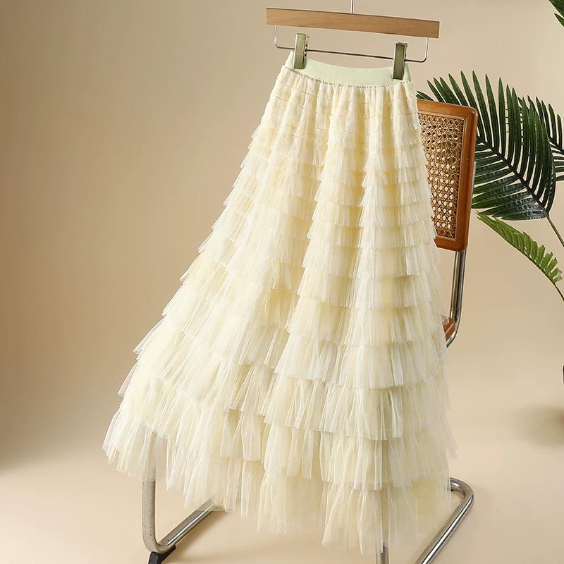 DIMANAF 2025 Summer Women Skirts Vintage Elastic Pleated Elegant Long Skirts New Lace Blue High Waist