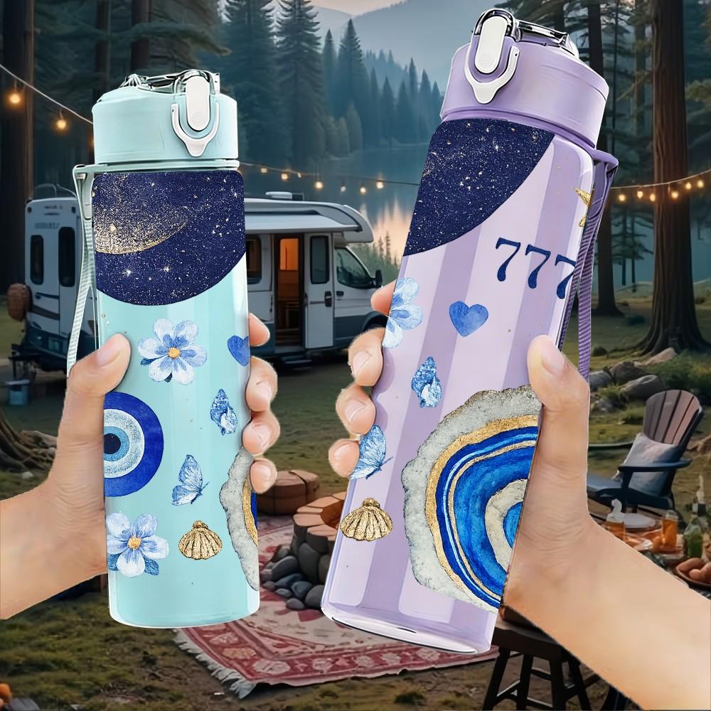 1PC Evil Eye Boho Geometric Pattern Print 750ml Color Plastic Sports Water Bottle Leakproof Flip Straw Lid Suitable for Sports Office Home Use