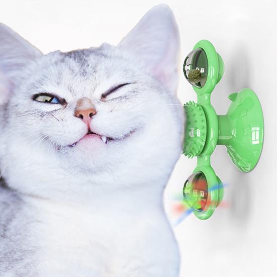 Windmill Cat Toy Interactive Spinner Pet Toys with Catnip And LED Light Cat Face Massage Brush with Suction Cup for Indoor Cats