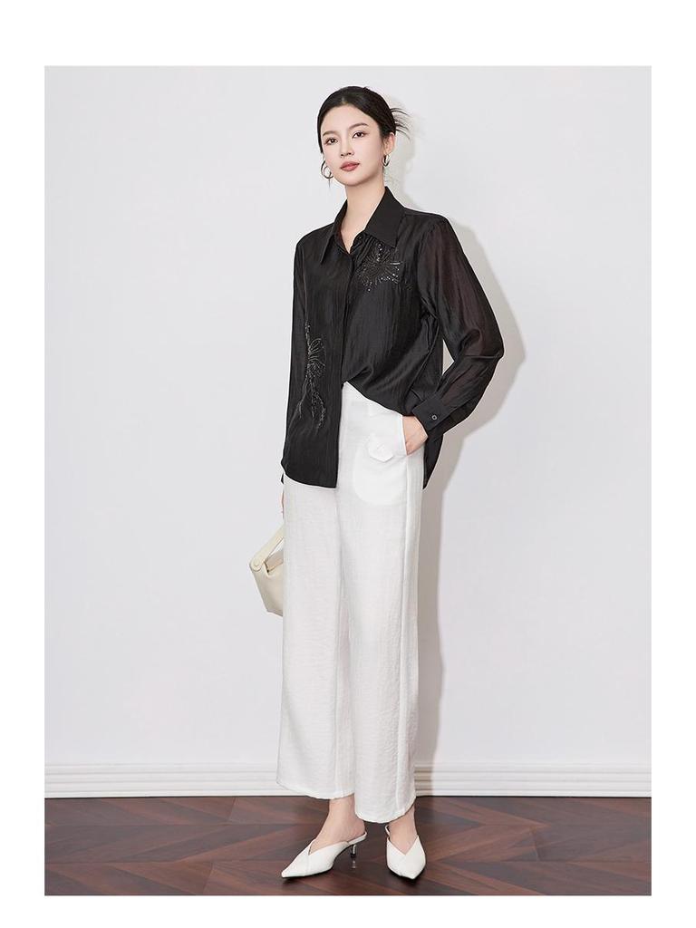 Elegant Women's Tencel Cotton Sequin Embroidery Long Sleeve Shirt with Lapel Design - Spring Collection