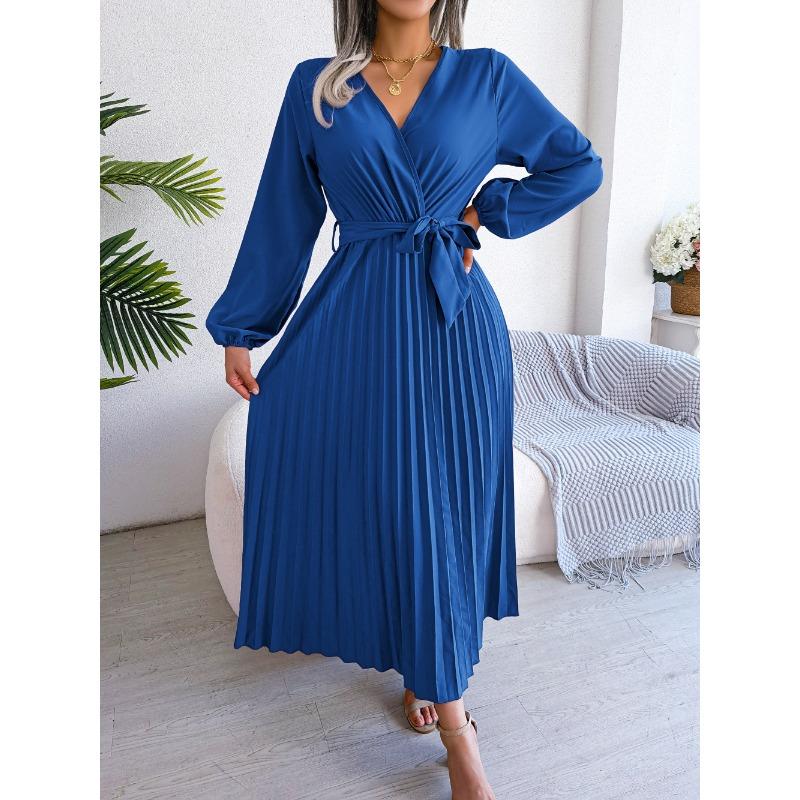 

VEZFAA Женская мода Лето Весна Однотонный Принт Длинный Рукав V-образный Вырез Высокая Талия Повседневные Платья XL синий