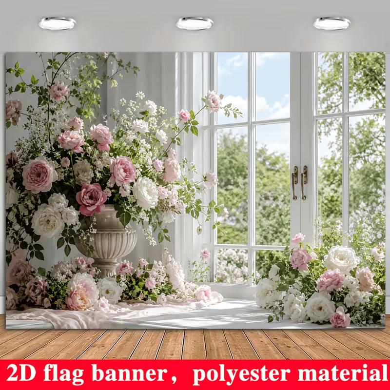2D Flat Printing Pastel Floral Window Backdrop with Peonies and Roses