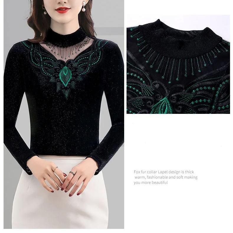 Toamnă Iarnă Tricouri noi din dantelă Cămașă cu jumătate de guler înalt pentru femei Pulovere cu mânecă lungă Top M-5XL
