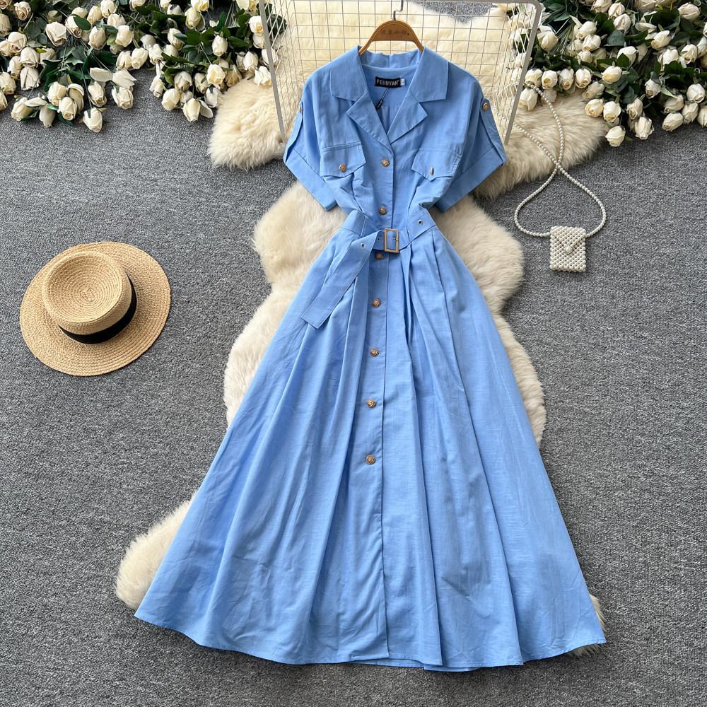 Commuter Style Short-sleeved A-word Dress Women's Summer Light Mature Style Pink Waist Looks Thin and Light Mature Temperament Elegant