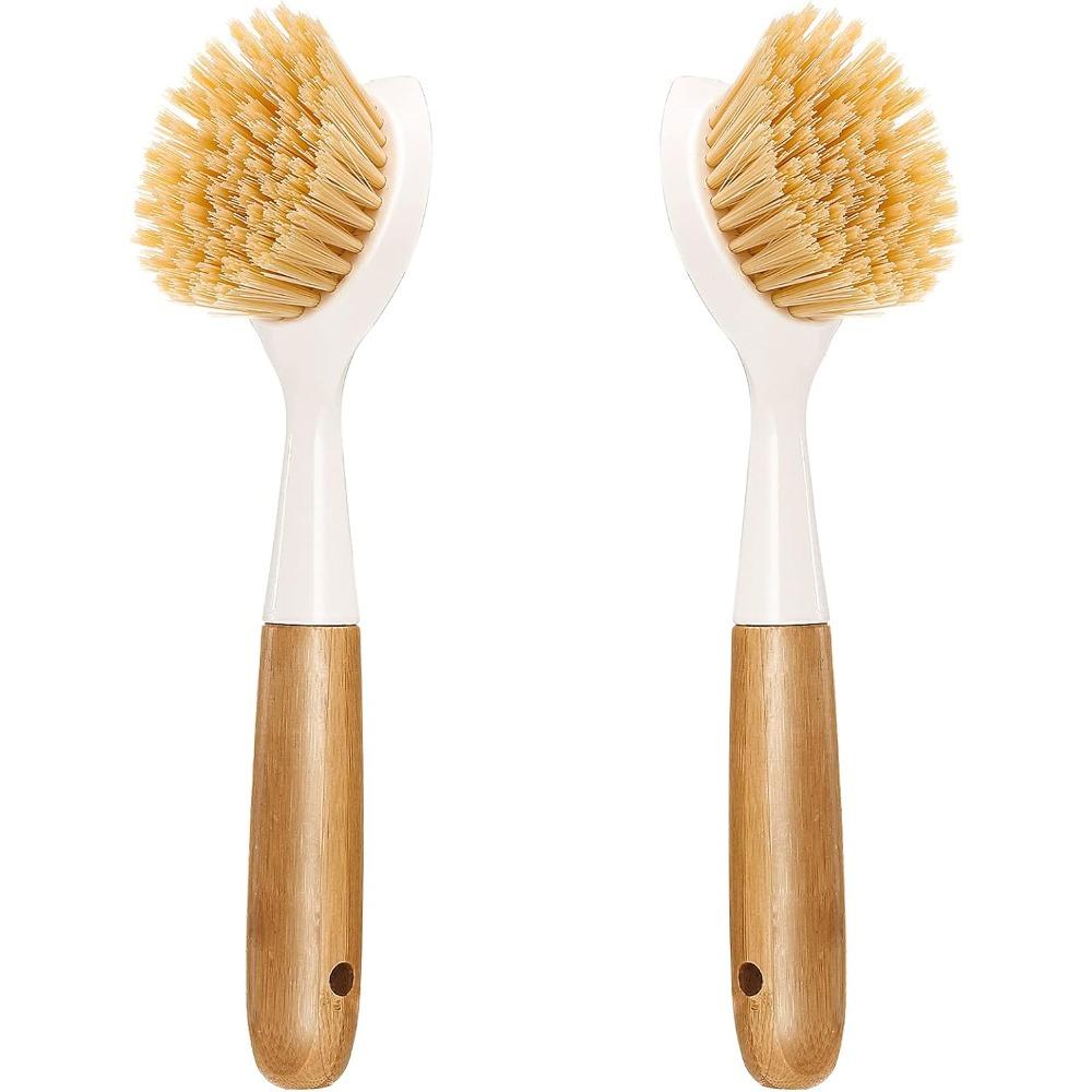 2 Pack Kitchen Dish Brush Bamboo Handle Dish Scrubber Built-in Scraper, Scrub Brush for Pans, Pots, Kitchen Sink Cleaning