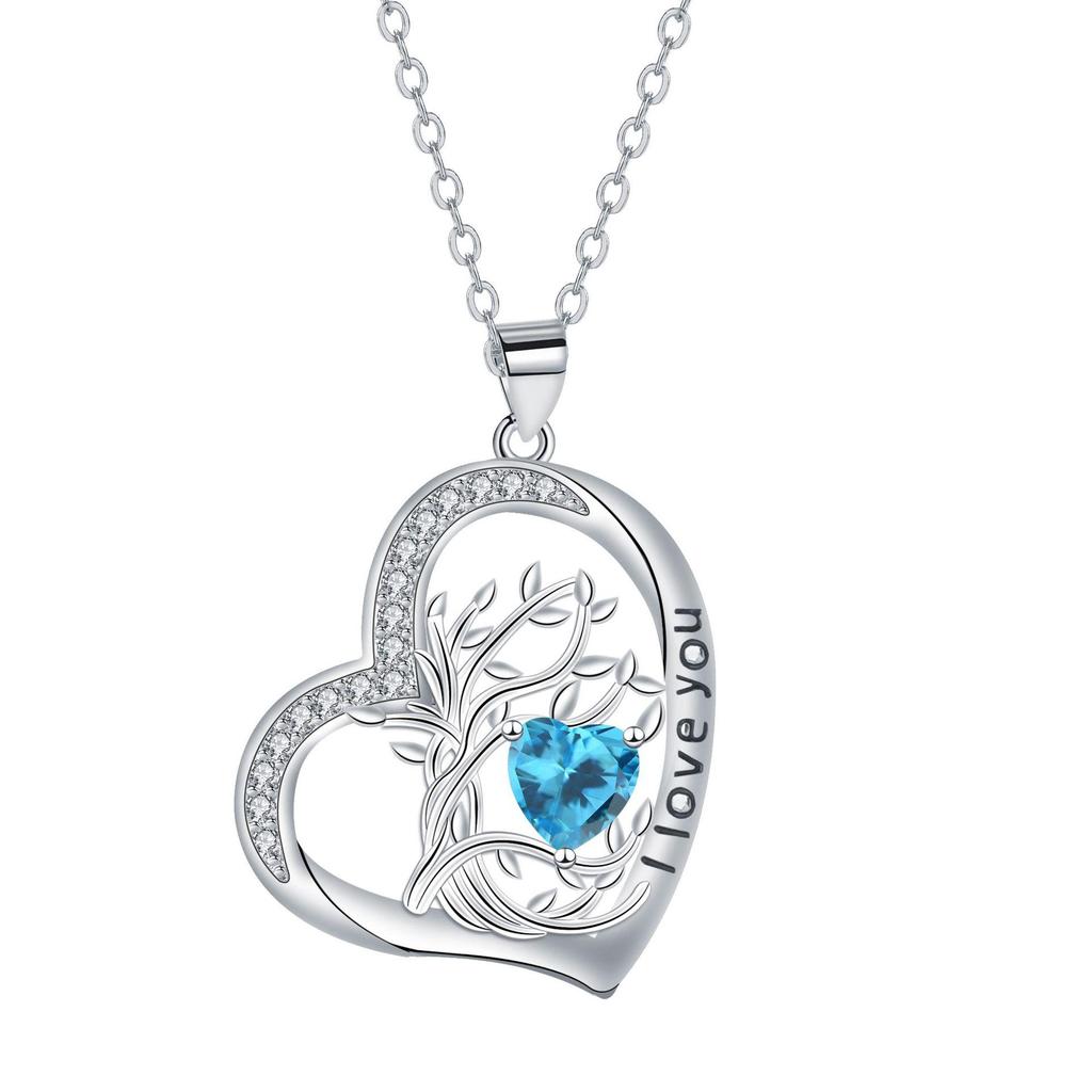 Heart-shaped Life Tree Necklace - Engraved Birthstone Pendant on Luxury Clavicle Chain for Women.