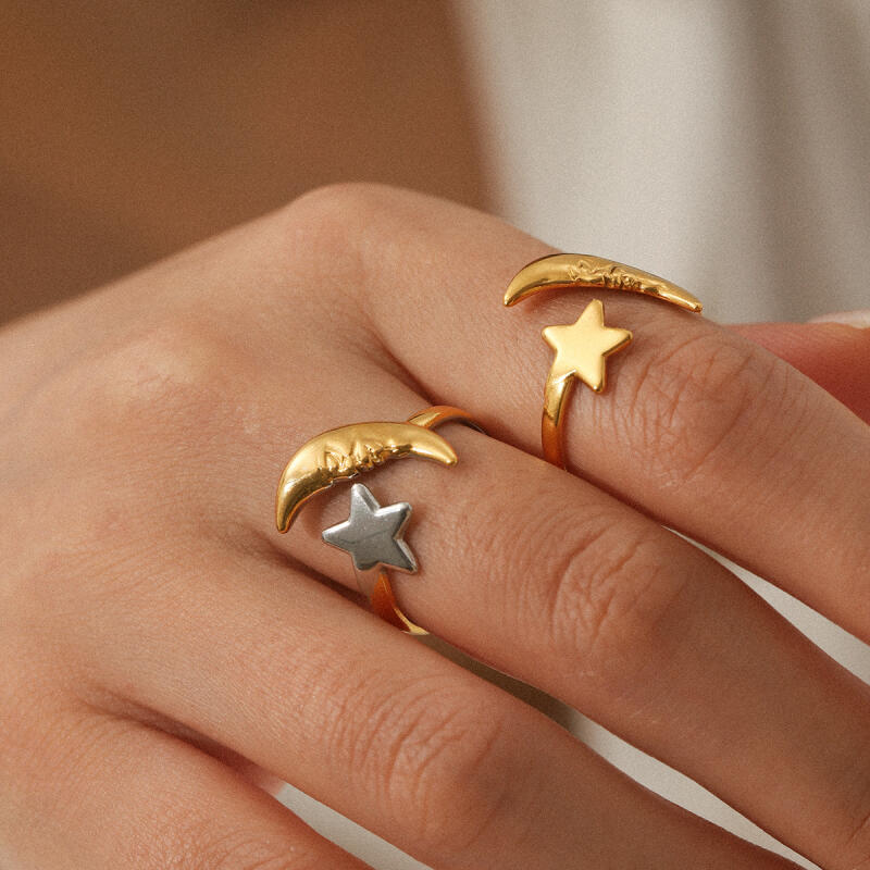 Stainless Steel Star Moon Opening Ring for Women Men Waterproof Gold Silver Color Design Color Blocked Rings Party Jewelry Gifts