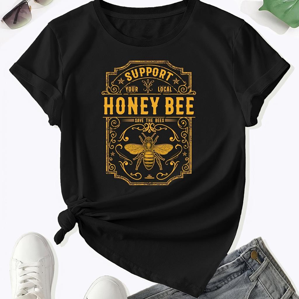 Insect & Letter Print Crew Neck T-Shirt, Casual Short Sleeve Top For Spring & Summer, Women's Clothing