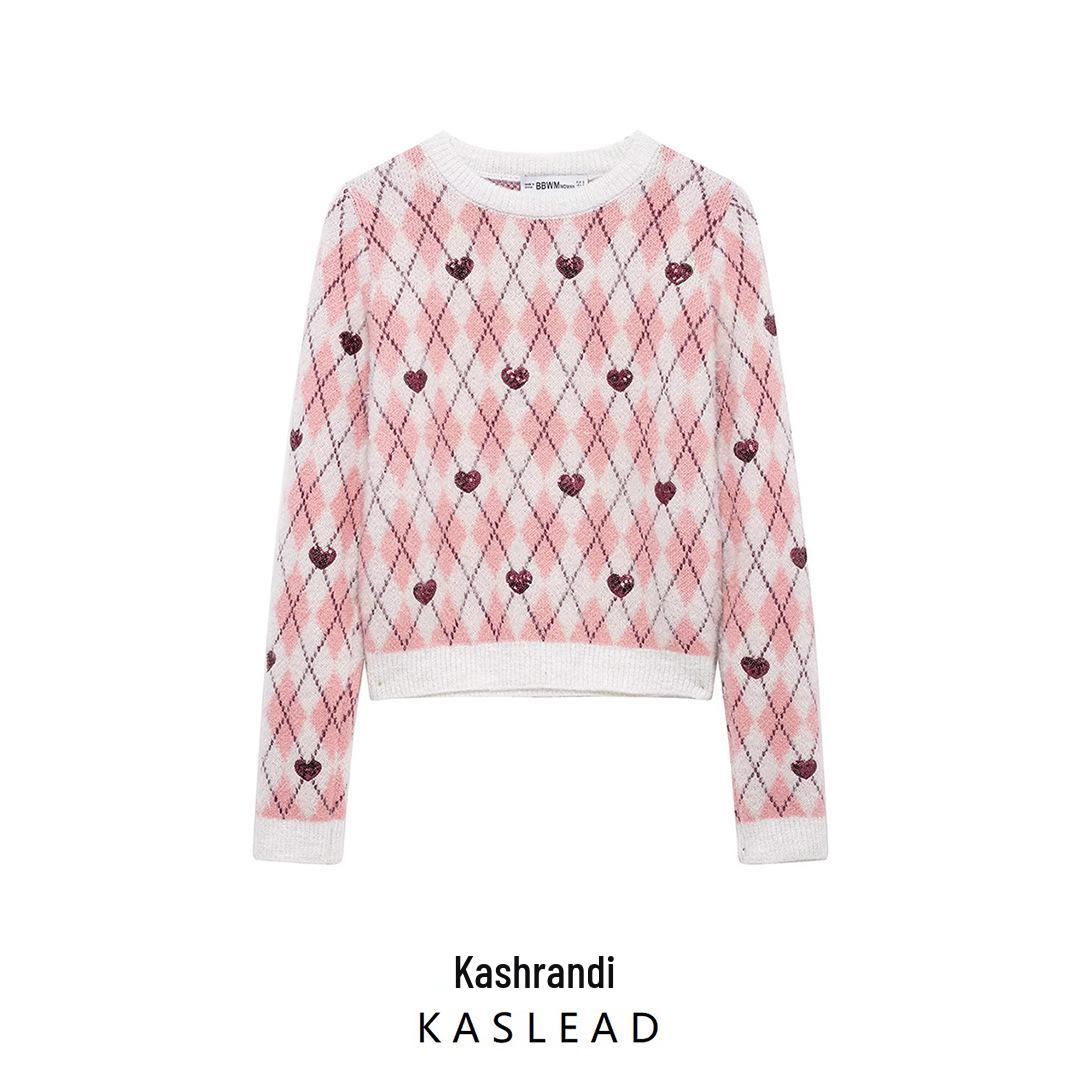 

Spring 2025 Women s European Style Heart Pattern Jacquard Knit Sweater, Long Sleeve, Round Neck Large