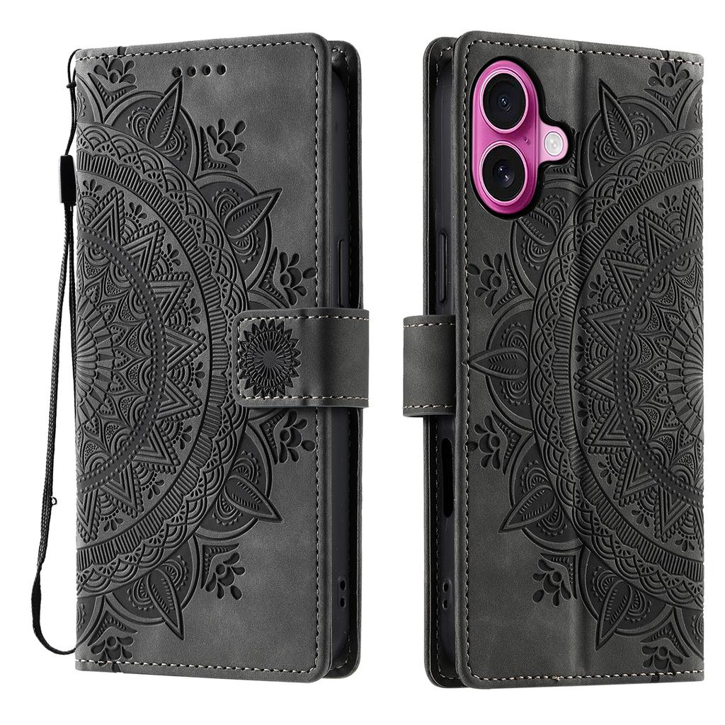 For iPhone 17 Case Imprinted Totem Skin Feel Wallet Leather Phone Cover with Hand Strap