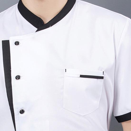 Chef Uniform Chinese Stand-Up Collar Short Sleeve Unisex Chef Tops with Practical Button Closure Color Matching Functional Pocket Restaurant Kitchen