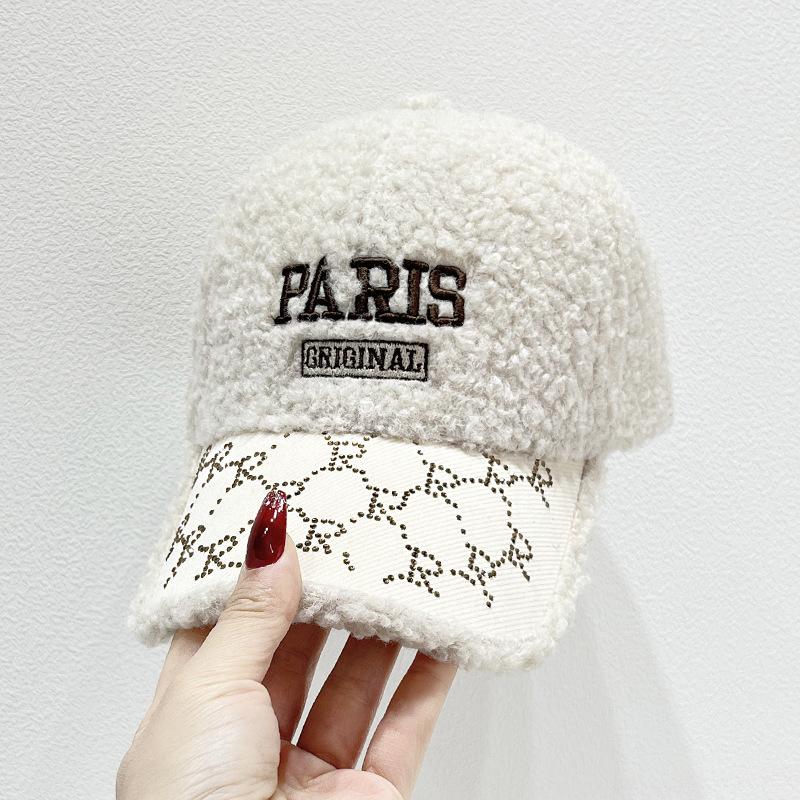 Fashion Embroidery Letter Baseball Cap Women's Winter Warm Rhinestone Lamb Feather Cap