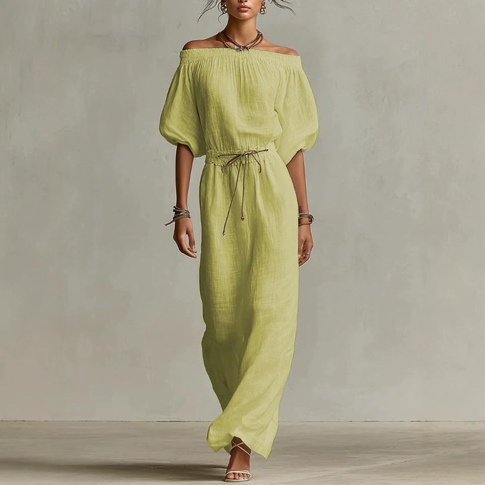 Amazon European and American Cross-border Summer New Elegant Casual Solid Color Medium Sleeve One-word Collar Women's Dress