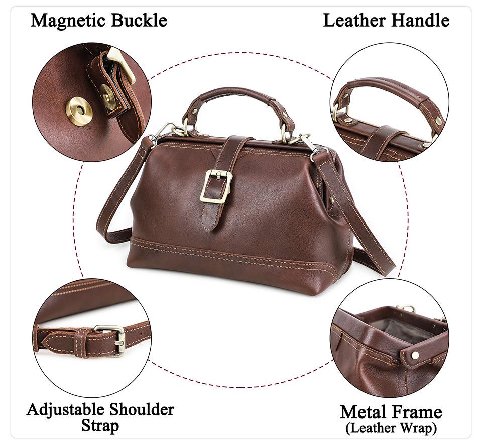 Full-Grain Cowhide Convertible Women's Shoulder Handbag with Metal Hinge Buckle