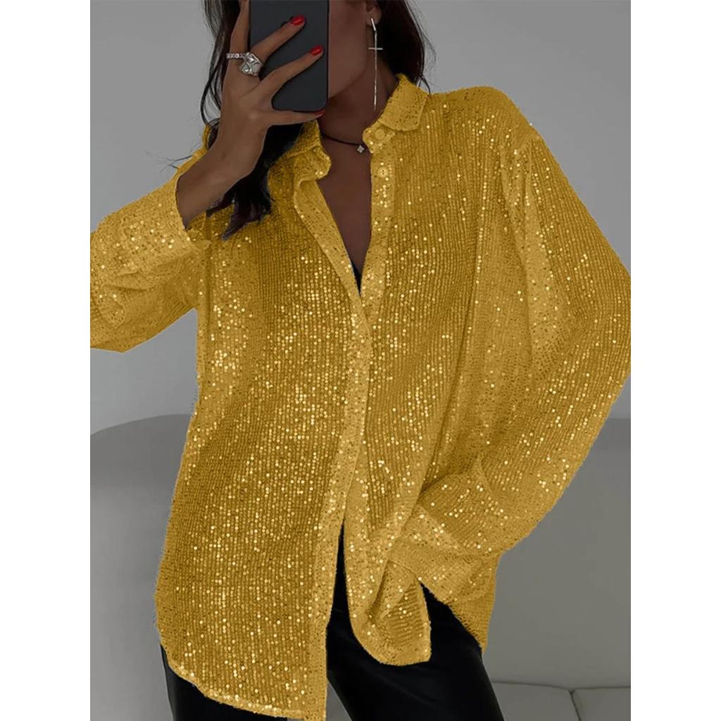 Chemisier ample à paillettes pour femme, cardigan décontracté à revers, nouveau vêtement d'extérieur, blouse de fête à paillettes, chemise de luxe pour femme