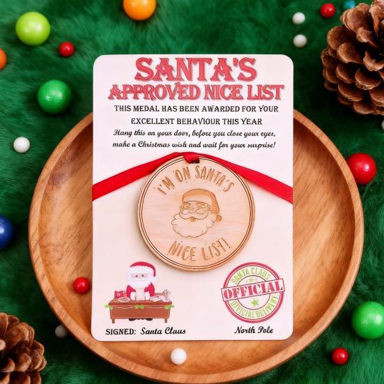 1/2/3Pcs Santa's Nice List Medal I'M ON SANTA'S NICE LIST Wooden Medal with Red