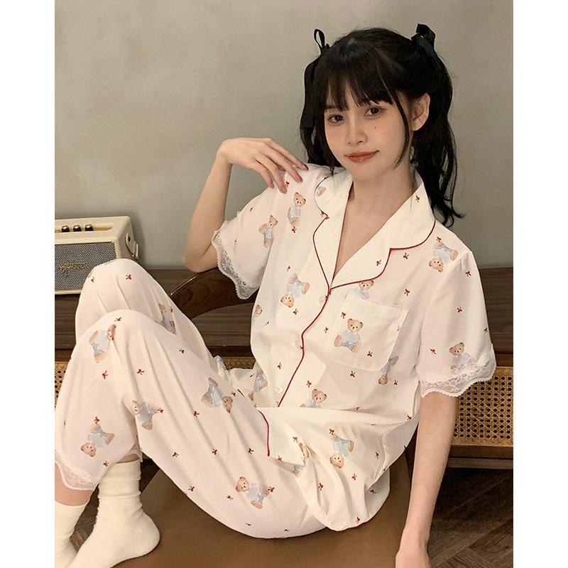 Silk Spring Bear Three-piece Women's Pajamas Cartoon Girl Wind Spring Summer Ice Silk Short-sleeved Cool Loungewear