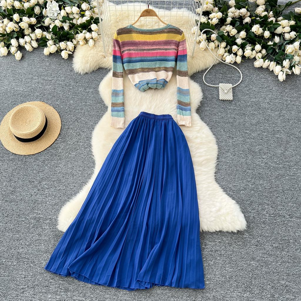 Spring Autumn Women Vintage Rainbow Striped Knitted Sweater Pullover Tops and Long Midi Pleated Skirt Two Piece Set