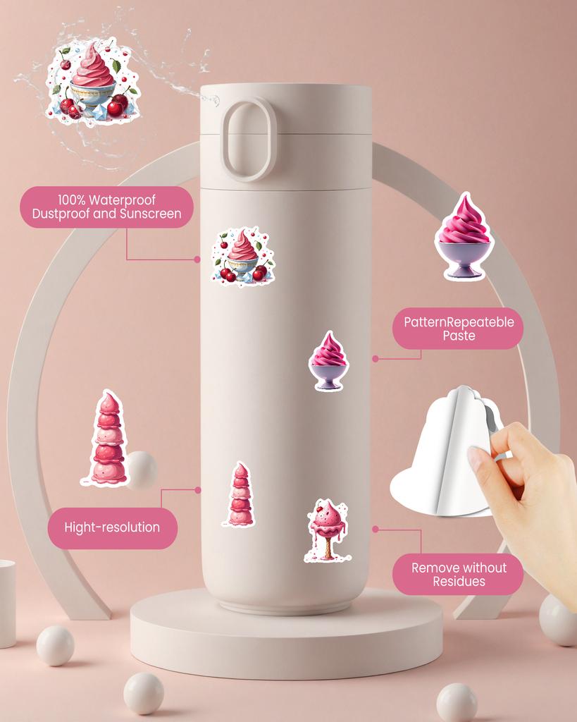 35-50pcs Pink Strawberry Ice Cream Dessert Stickers Cartoon Snacks Food Graffiti Decals Stationery Sticker Reward Gift