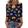 Women's Halloween Print Shirt 3/4 Sleeve Round Neck Loose Fit Casual Blouse Top Comfortable Everyday Wear