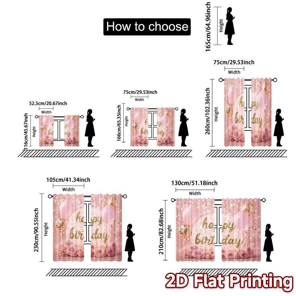 Set Of 2 Flat Printing Curtains Without Rod Birthday Bliss Print Chic Fabric Versatile Curtain Polyester Machine Washable