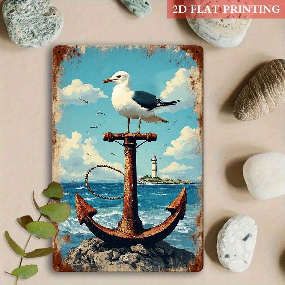 

Metal Poster Set Nautical Anchor Seagull Lighthouse Wall Art Decor Home