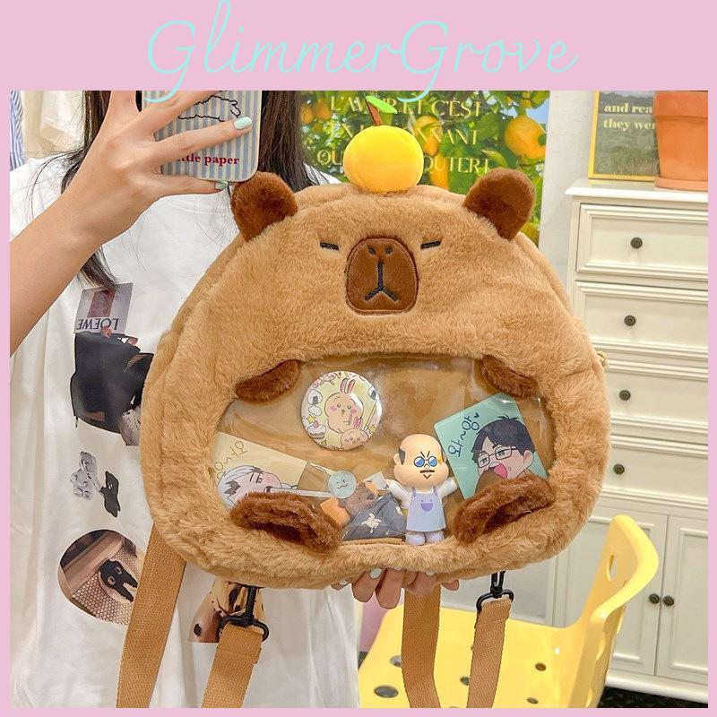 Cute Cartoon Capybara With Transparent Layer Can Hold Badge Plush Backpack