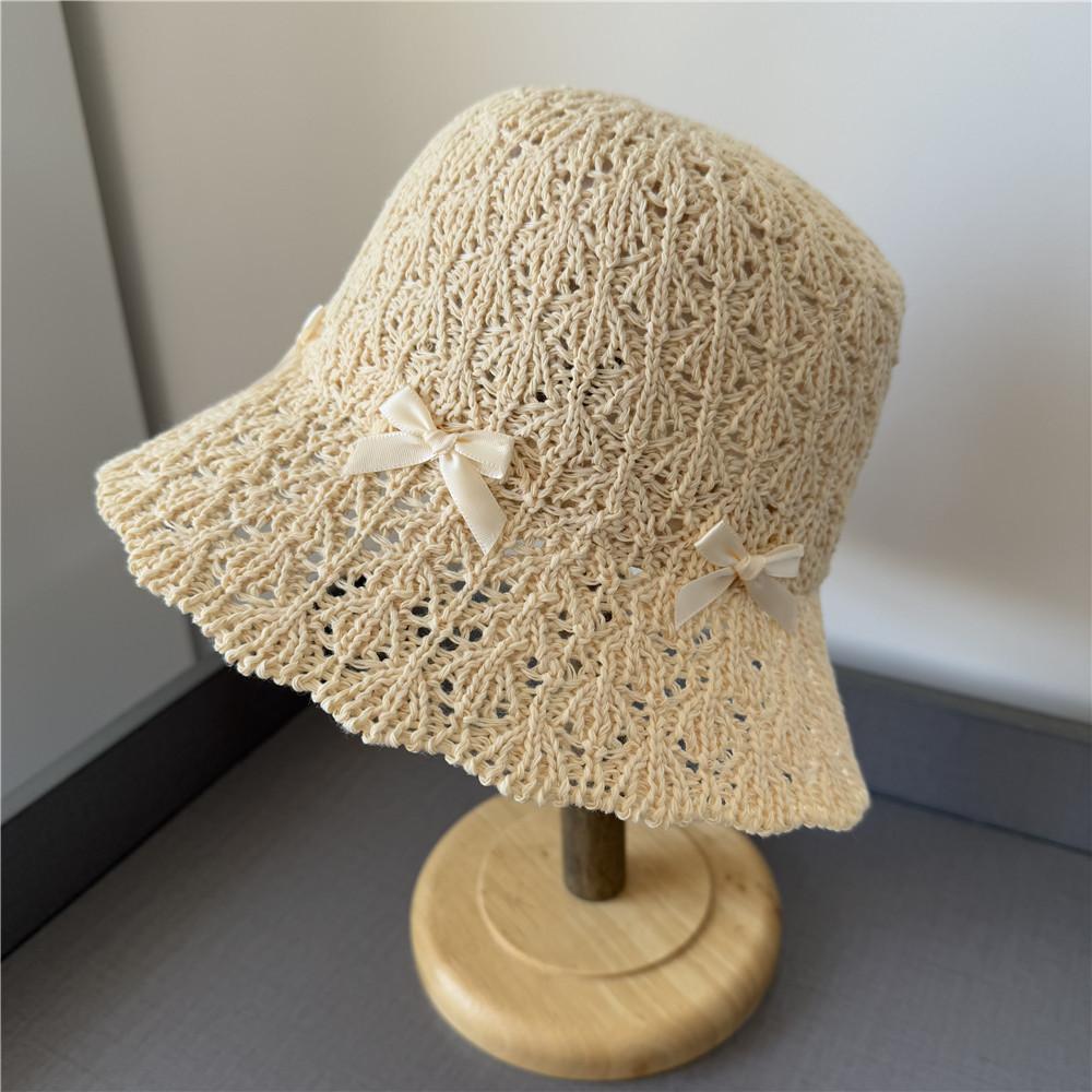 Bow straw hat girls sweet and cute bucket hat spring and summer travel seaside sunscreen hat