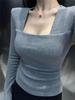 Women's Elegant Slim Fit Square Neck Long Sleeve T-Shirt - Solid Color, Versatile Spring & Autumn Style