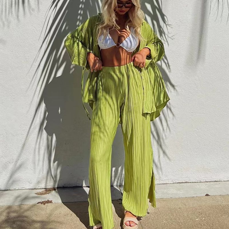 

Fashion Fashion Pleated Shirt Long Sleeves Split Trousers Suit Pleated Shirt and Pants Set Green M