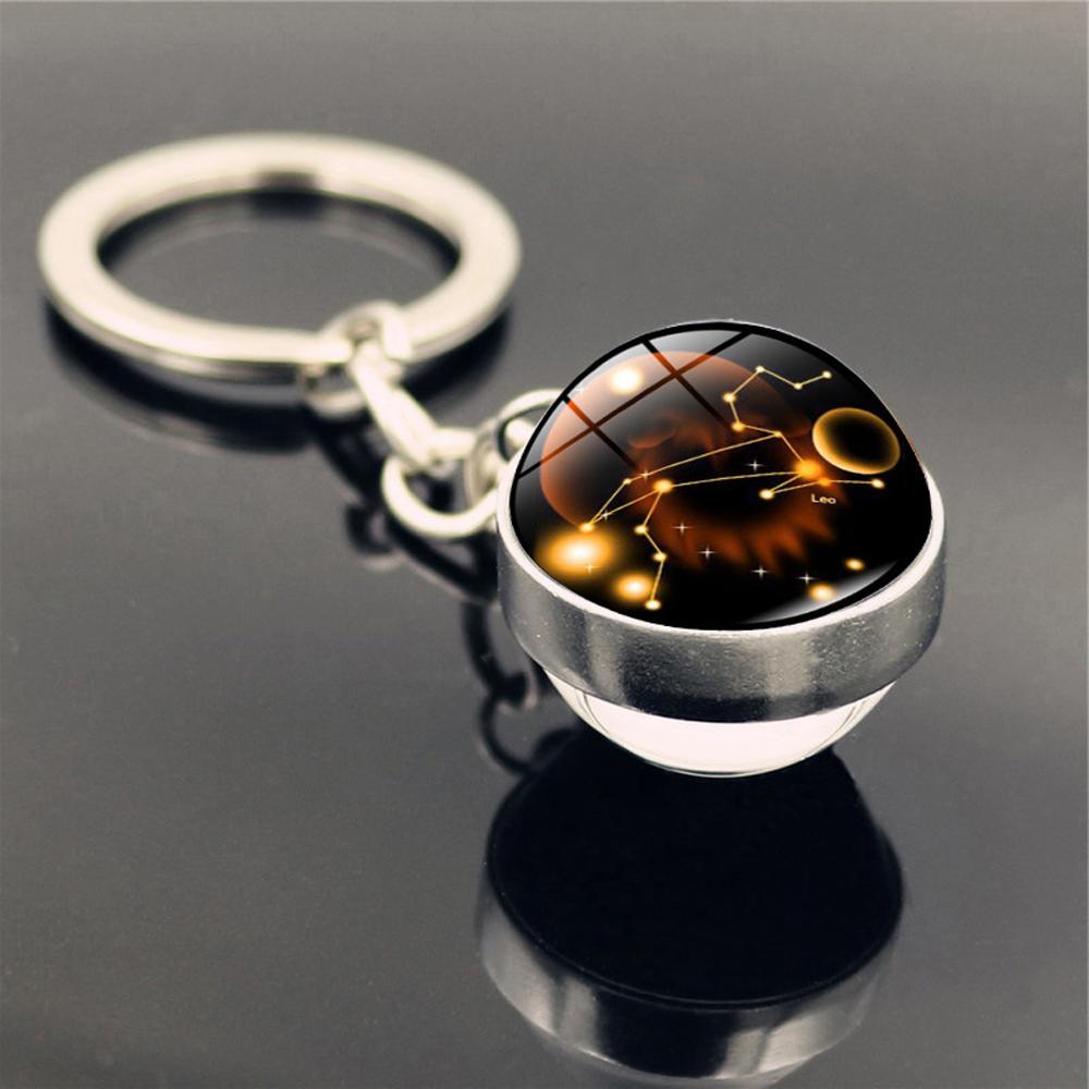 Holder Men Women Glass Ball Pendant Leo Jewelry 12 Constellation Keychain Zodiac Keychain Key Rings