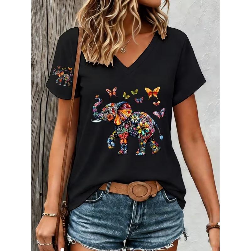 Modisches Retro-Tier Elefant 3D-Druck Damen-T-Shirt für Sommerkomfort V-Ausschnitt Kurzarm Täglich