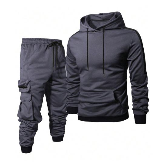 

2 шт./Набір Чоловічий спортивний костюм з капюшоном на шнурку, з довгим рукавом, світшот, багато кишень, штани-джоггери, набір, манжети в рубчик, костюм для бігу M темно-сірий
