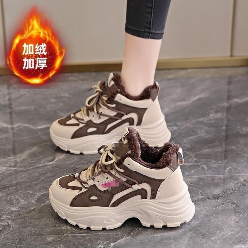 Fleece warm leather cotton shoes women's shoes winter non-slip snow boots thick-soled heightening sports shoes