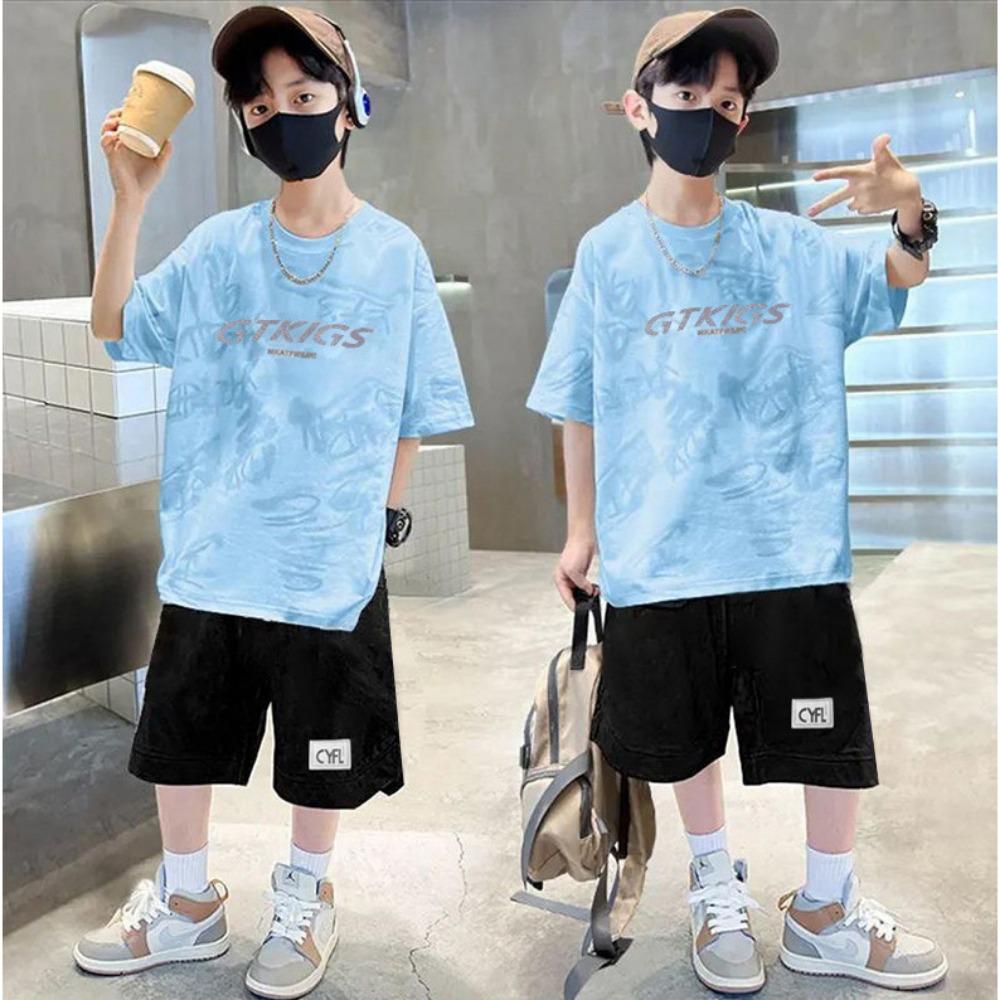 Summer boys' short sleeved sports suit with children's letter print two-piece set